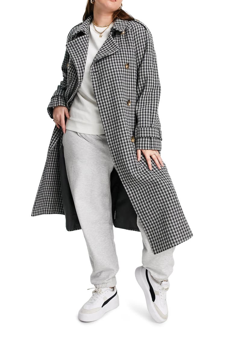 Curve Houndstooth Belted Trench Coat, Main, color, BLACK