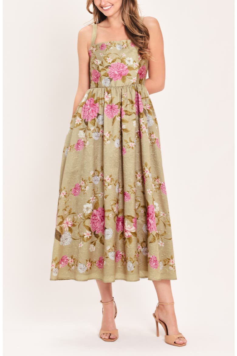 Floral Jacquard Fit & Flare Midi Dress, Alternate, color, TAN