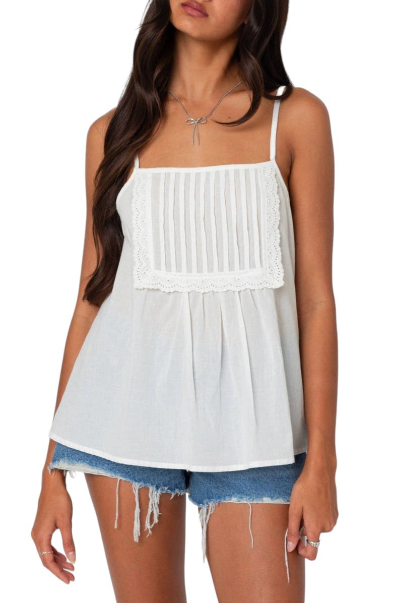 EDIKTED Eyelet Trim Pintuck Bib Camisole, Main, color, White