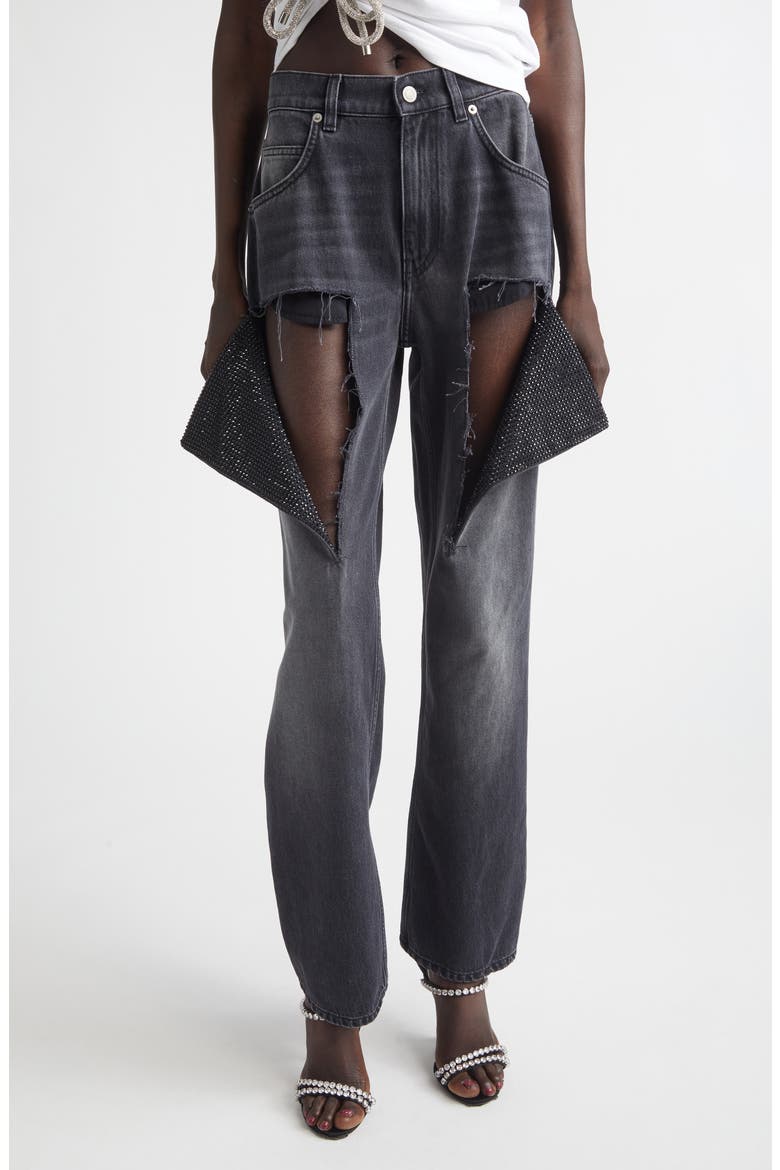 Hotfix Thigh Slash Straight Leg Jeans, Main, color, WASHED BLACK