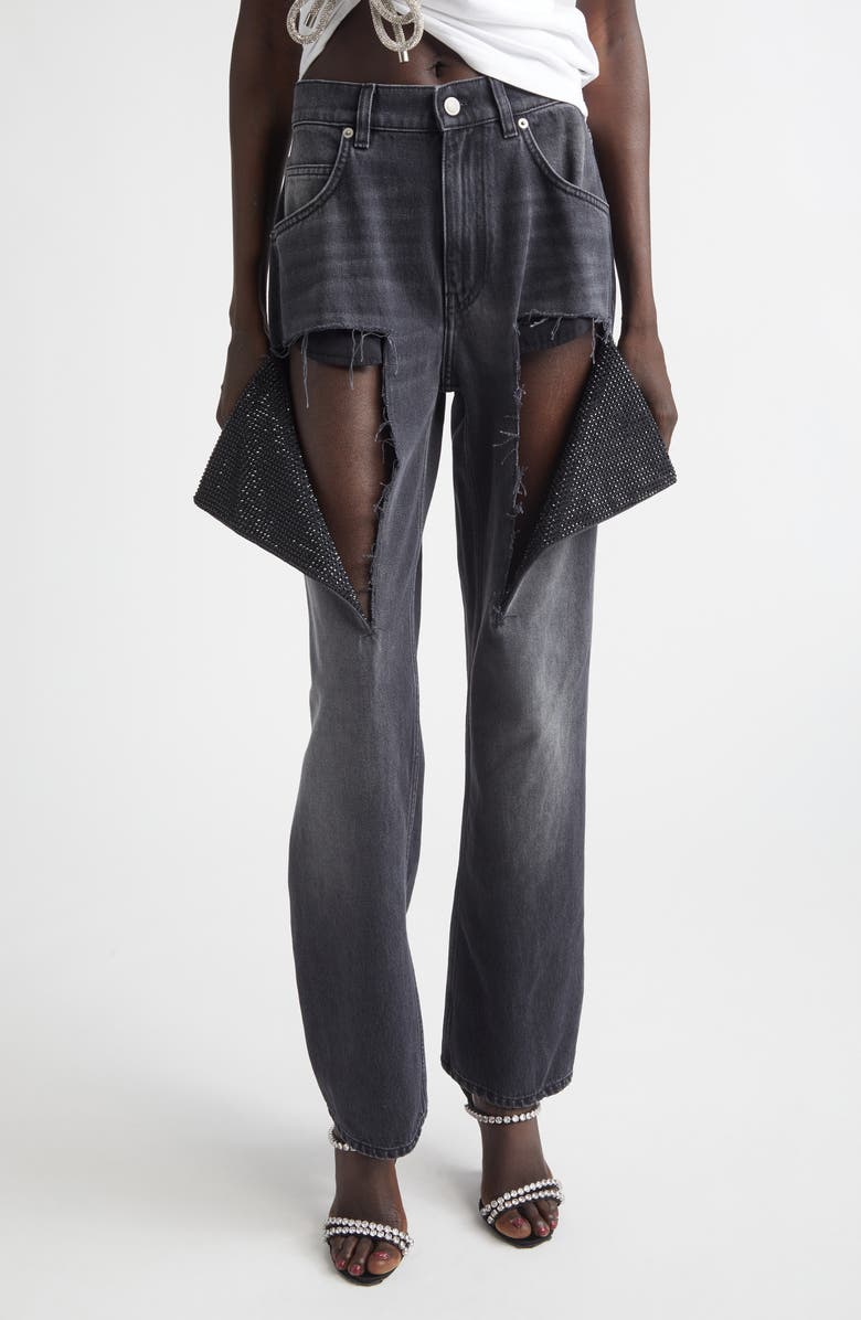 Area Hotfix Thigh Slash Straight Leg Jeans, Main, color, Washed Black