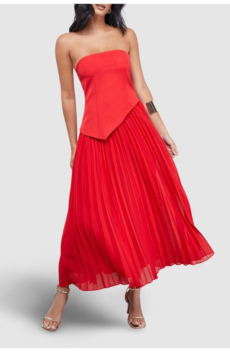 Warehouse Bandeau Bodice Pleated Midi Dress, Alternate, color, Red