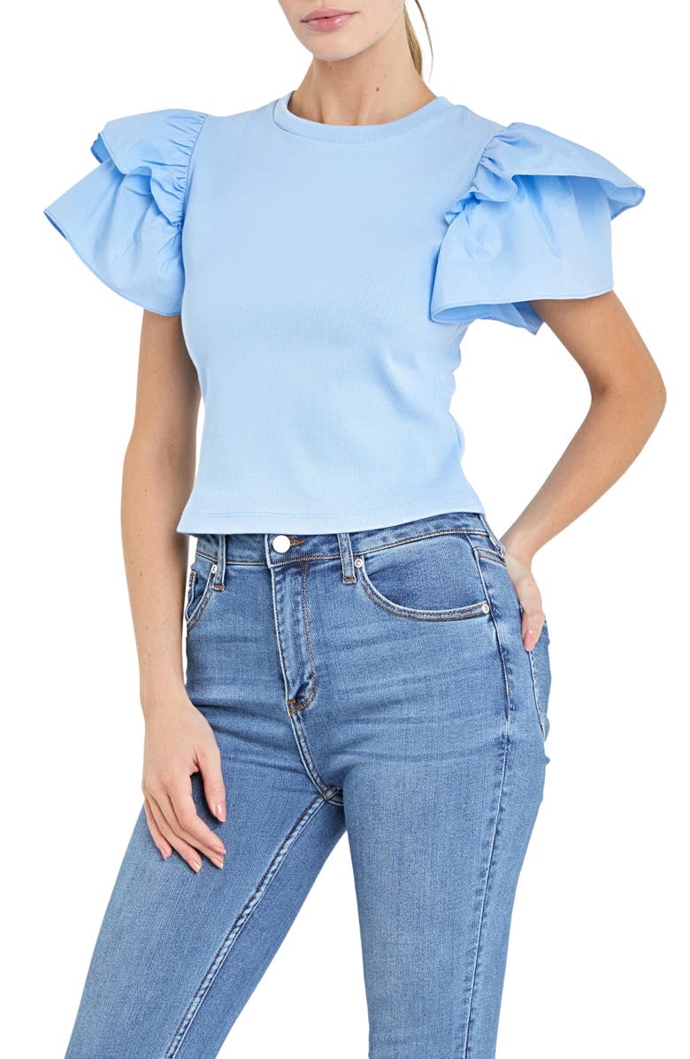 English Factory Mix Media Ruffle Sleeve Cotton Rib Top, Alternate, color, Powder Blue