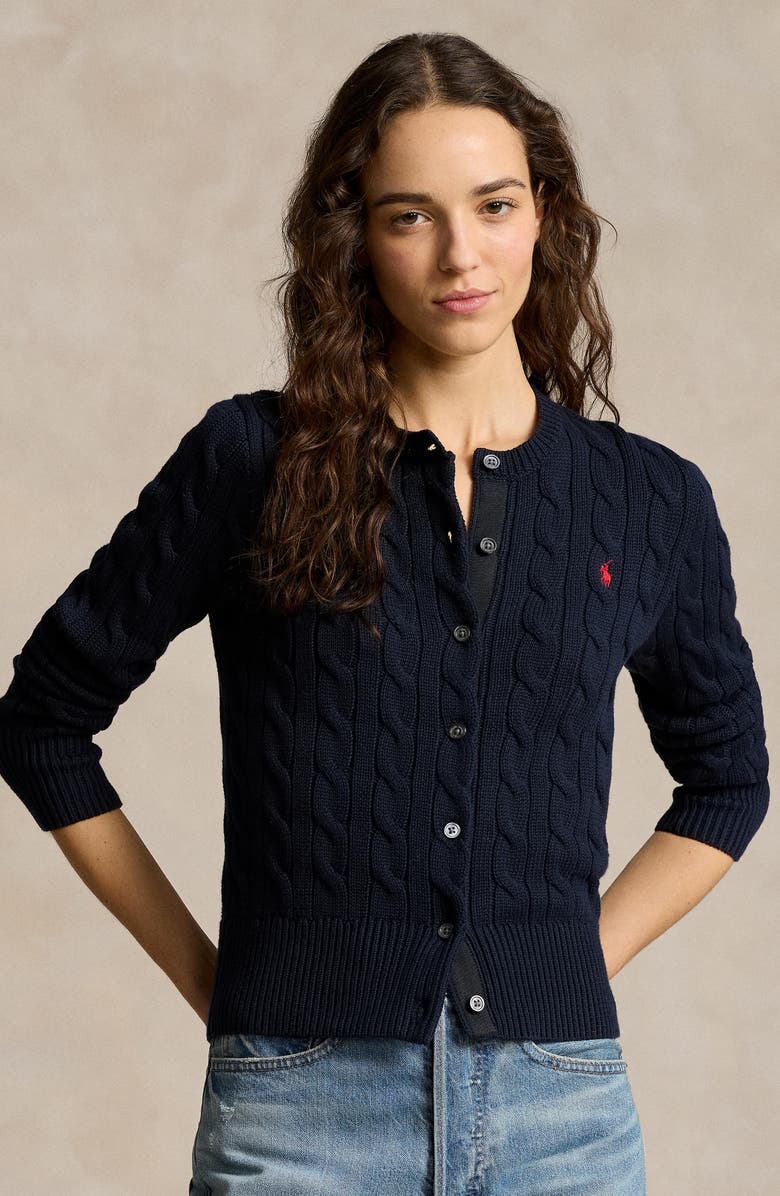 Polo Ralph Lauren Cable Stitch Cotton Cardigan, Alternate, color, Hunter Navy