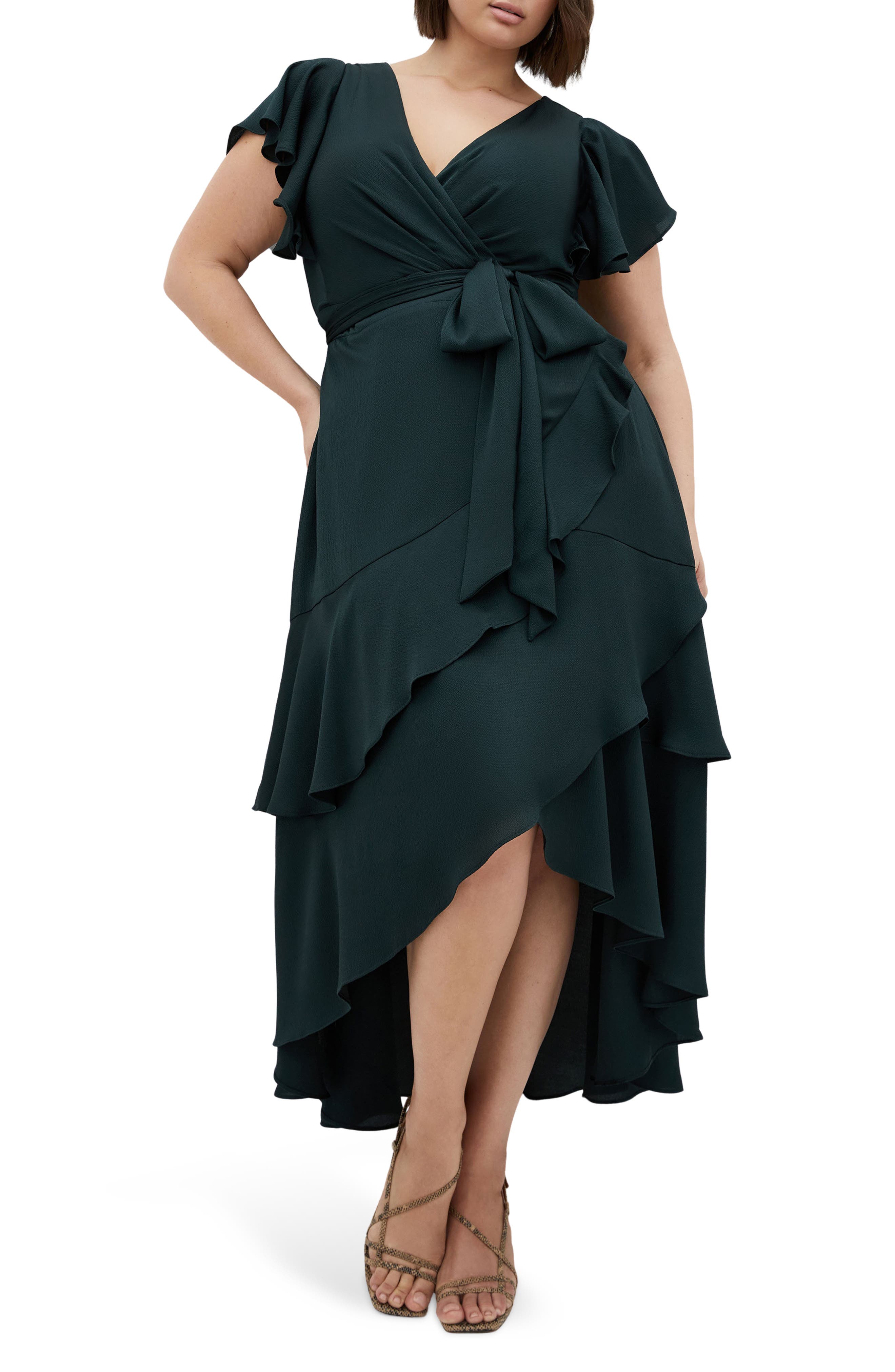 Jen Ruffle Faux Wrap Satin Dress