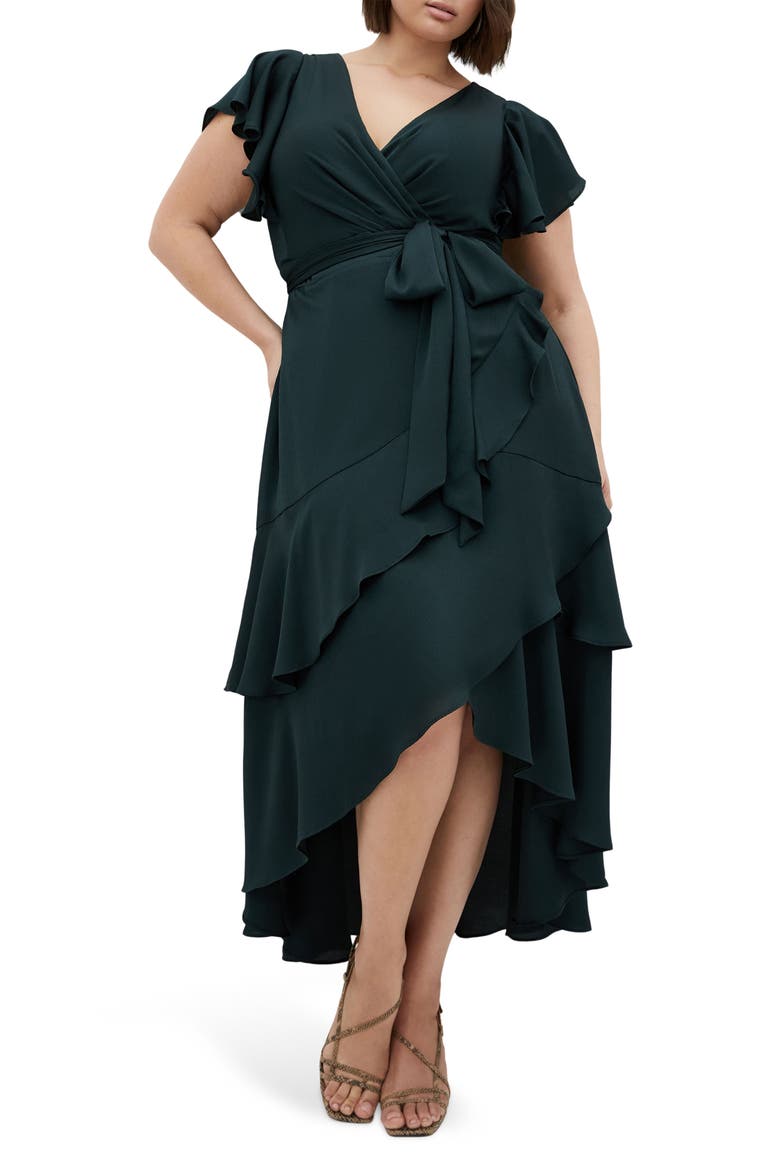 Jen Ruffle Faux Wrap Satin Dress, Main, color, HUNTER GREEN