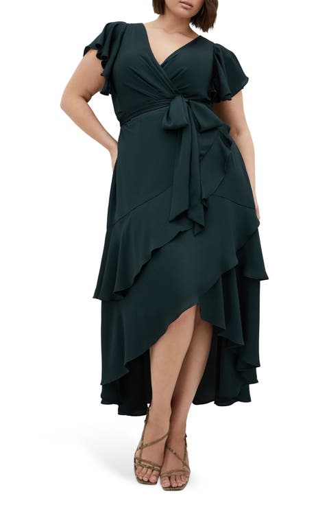 Jen Ruffle Faux Wrap Satin Dress (Plus)