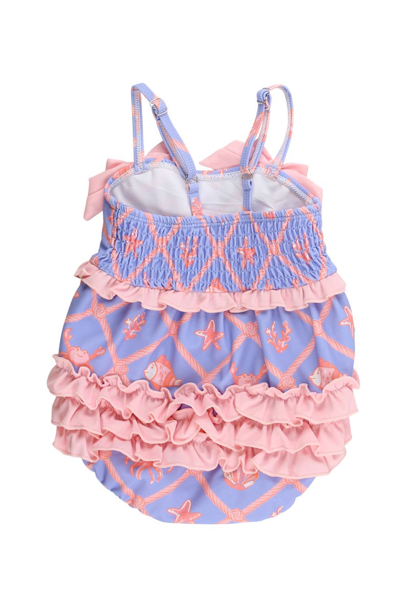 RuffleButts UPF50+ One Piece Bow Bubble Romper Swimsuit, Alternate, color, Tropical Trellis