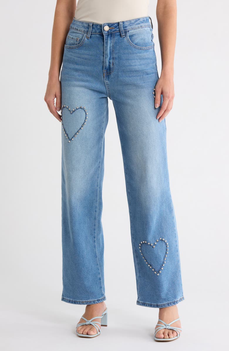 FLYING ANGEL Rhinestone Heart Straight Leg Jeans, Main, color, Medium Light Wash