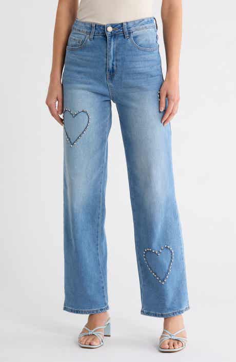 FLYING ANGEL Rhinestone Heart Straight Leg Jeans