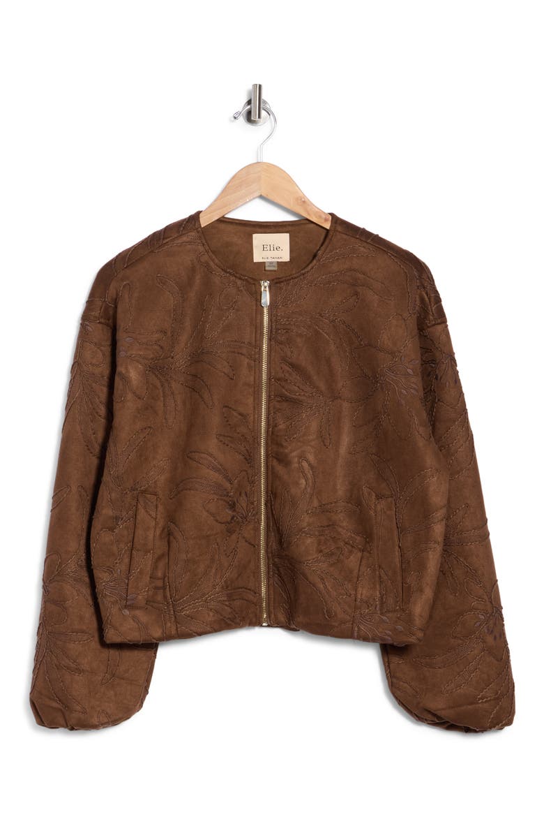 Embroidered Cropped Bomber Jacket, Main, color, BROWN