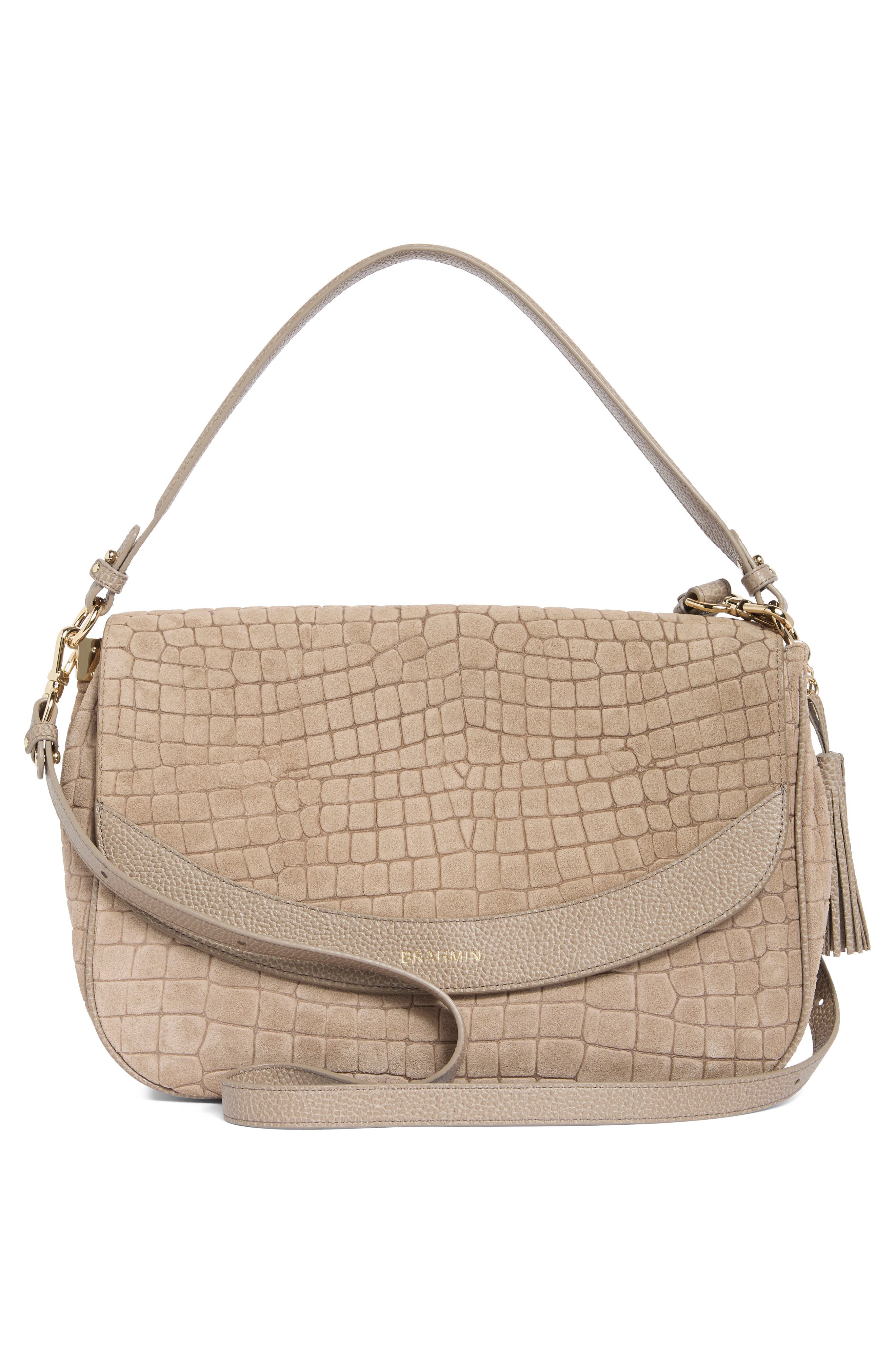 Jolene Croc Embossed Leather Shoulder Bag, Alternate, color, WARM GRAY BEDROCK