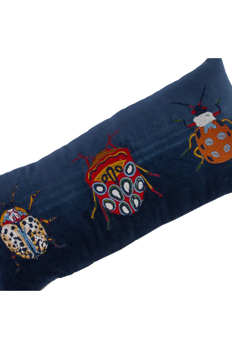 Cotton Velvet Embroidered Lumbar Pillow with Beetles and Chambray Back, Multicolor, Alternate, color, Blue