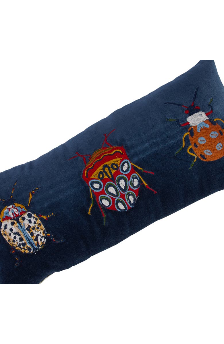 Storied Home Cotton Velvet Embroidered Lumbar Pillow with Beetles and Chambray Back, Multicolor, Alternate, color, Blue
