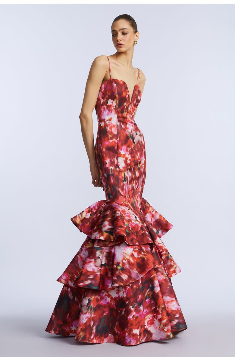 BCBGMAXAZRIA Ruffle Ball Gown, Alternate, color, Washed Rose Chili Pepper Print