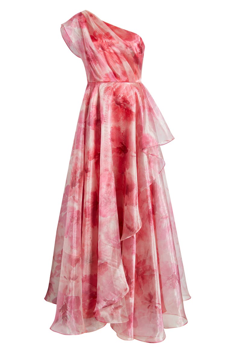 One-Shoulder Floral Chiffon Gown, Alternate, color, POPPY