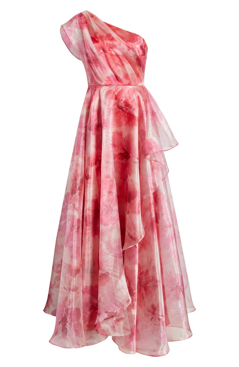Eliza J One-Shoulder Floral Chiffon Gown, Alternate, color, Poppy