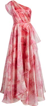 Eliza J One-Shoulder Floral Chiffon Gown