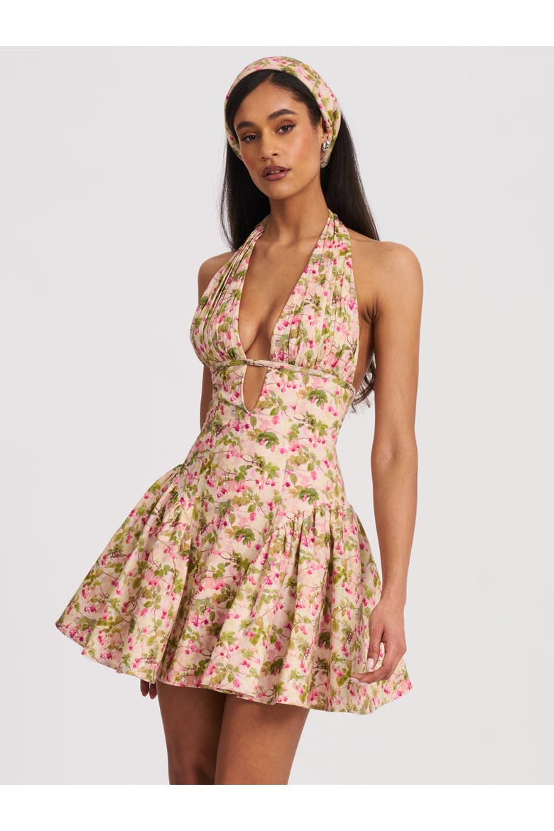 Mackenzie Floral Print Halter Linen Mini Dress, Main, color, Pink and green floral print
