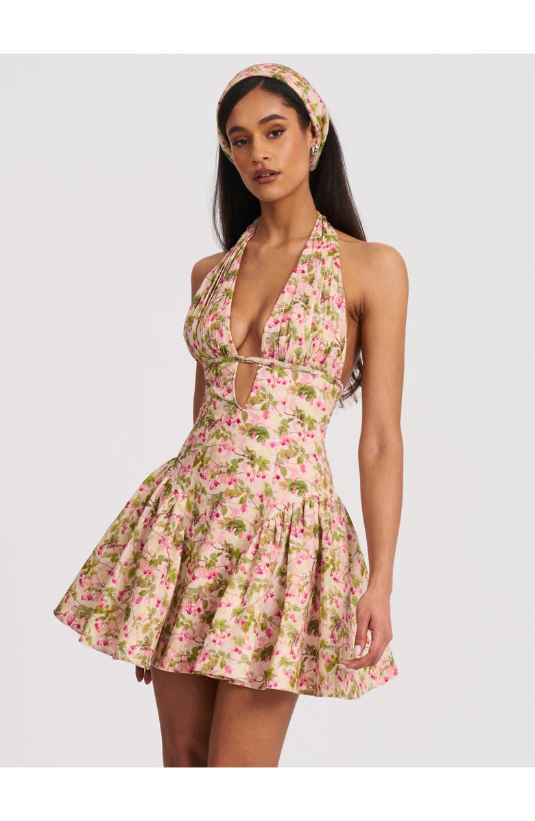Miss Circle Mackenzie Floral Print Halter Linen Mini Dress, Main, color, Pink And Green Floral Print