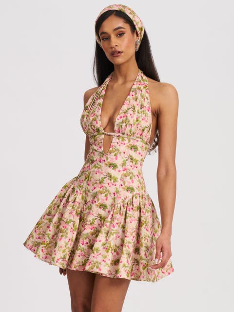 Mackenzie Floral Print Halter Linen Mini Dress