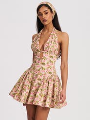 Miss Circle Mackenzie Floral Print Halter Linen Mini Dress