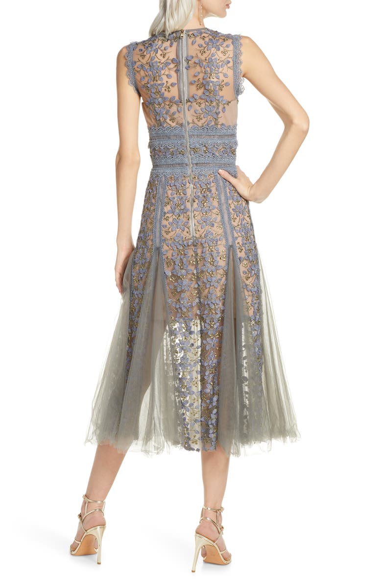 Bronx and Banco Megan Grey Floral Lace Midi Dress, Alternate, color,