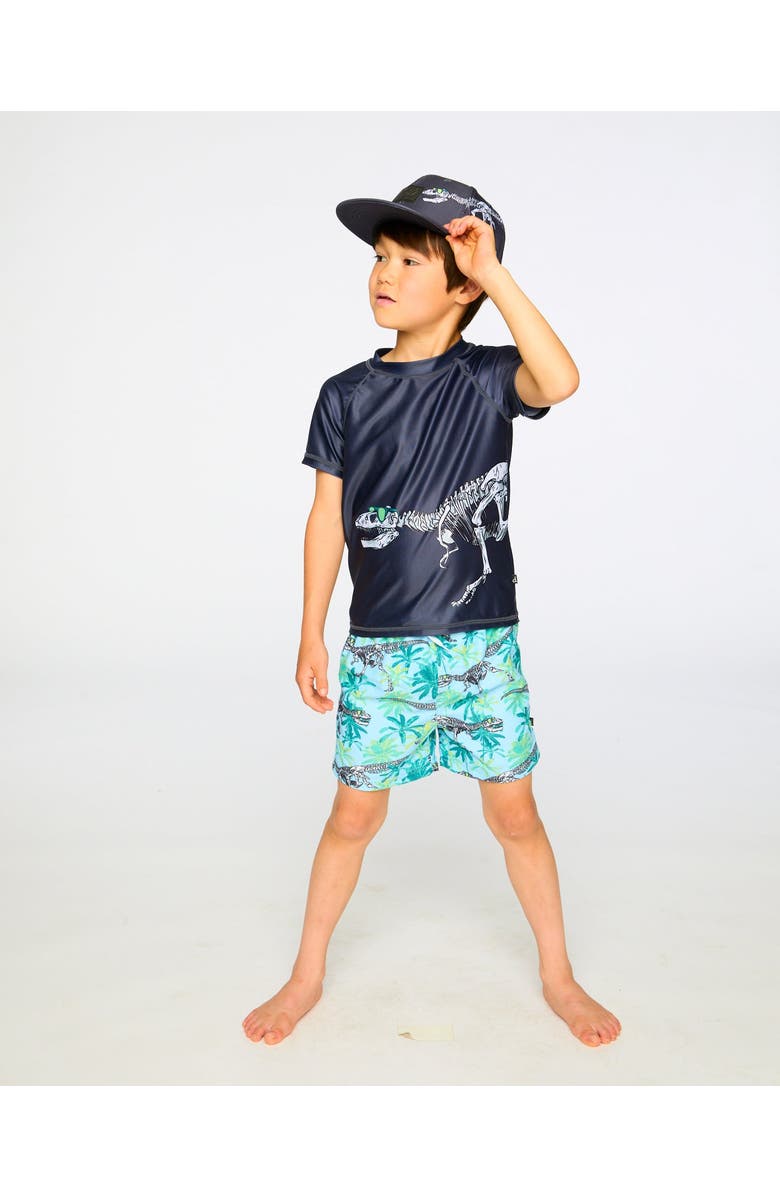 Deux par Deux Short Sleeve Graphic Dinosaur Rashguard, Alternate, color, Black