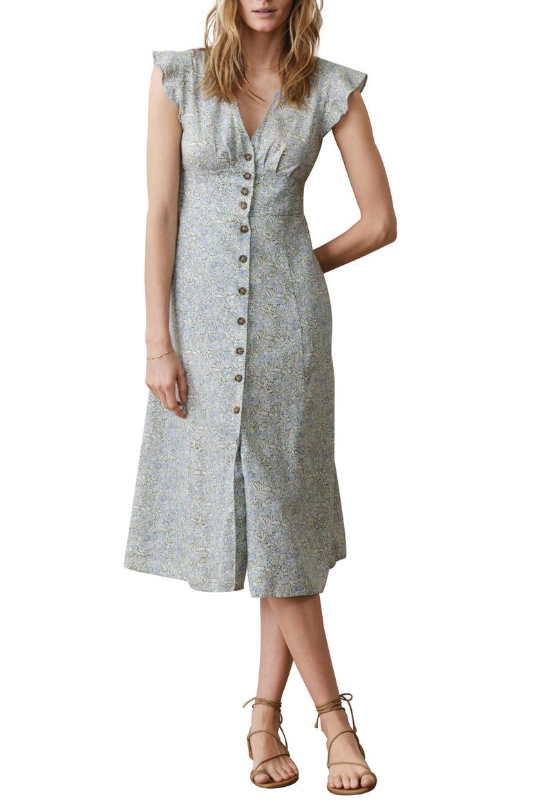 Camila Floral Button Front Hemp Blend Midi Dress, Main, color, SEA FLORAL