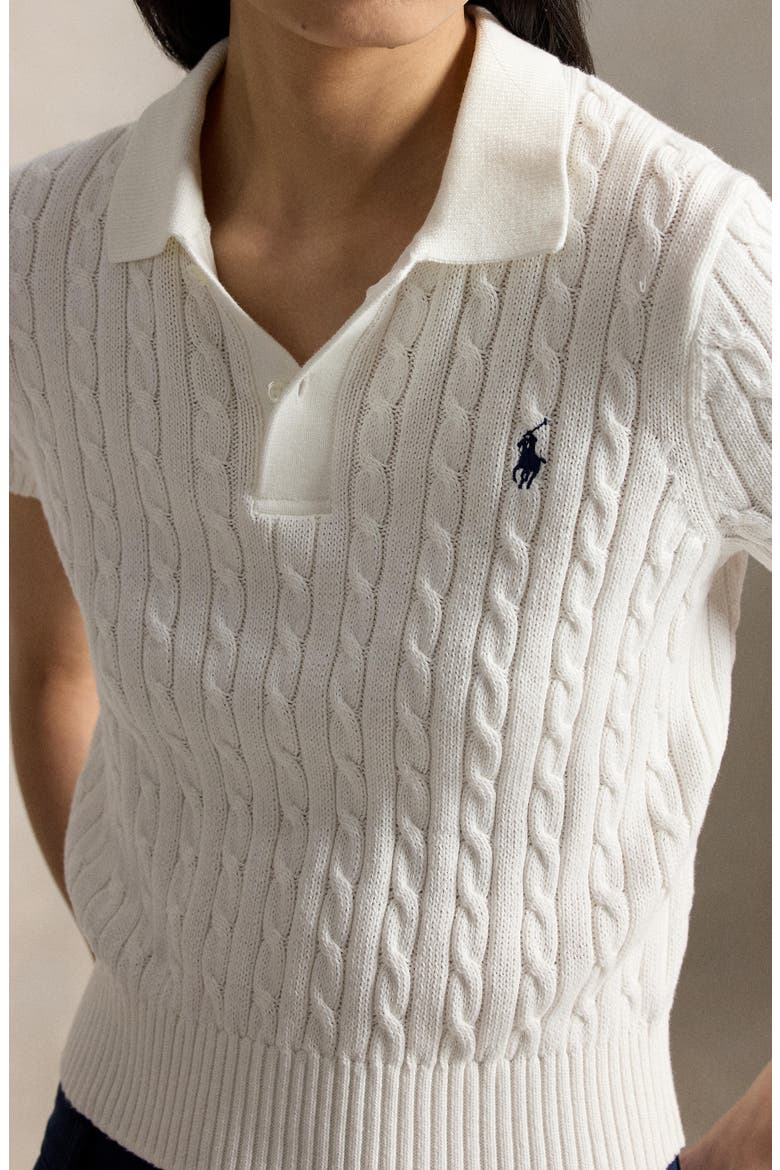 Cable Knit Crop Cotton Polo Sweater, Alternate, color, WHITE