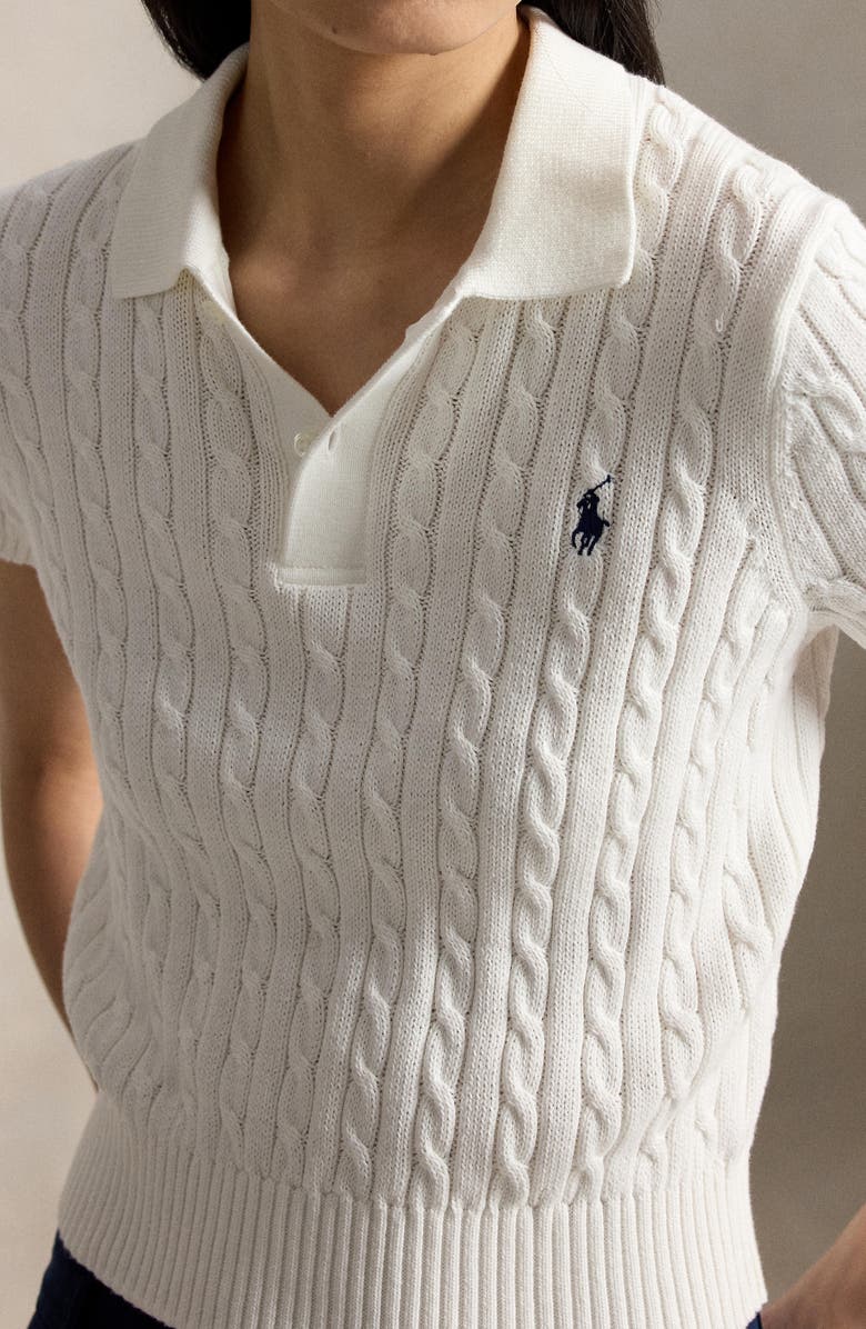 Polo Ralph Lauren Cable Knit Crop Cotton Polo Sweater, Alternate, color, White
