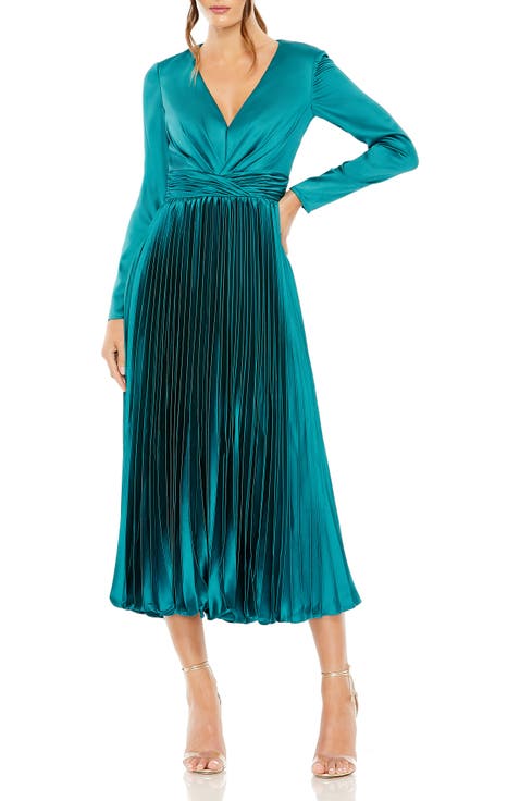 Pleated Satin Charmeuse Dress with Long Sleeves