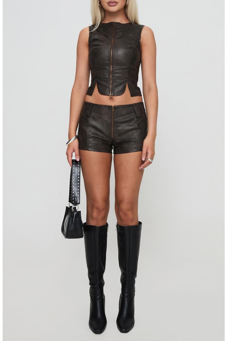 Ambrosie Faux Leather Crop Top & Shorts Set, Main, color, WASHED BROWN