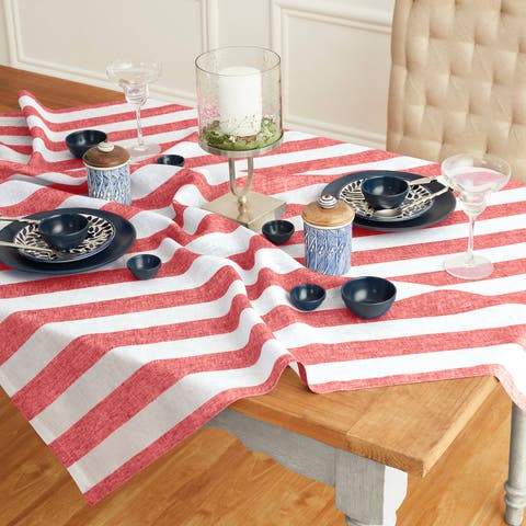 Linen Table Throw 52 x 52 Inch for Dining Table, Holiday and Everyday Table Decor - Cabana Stripe