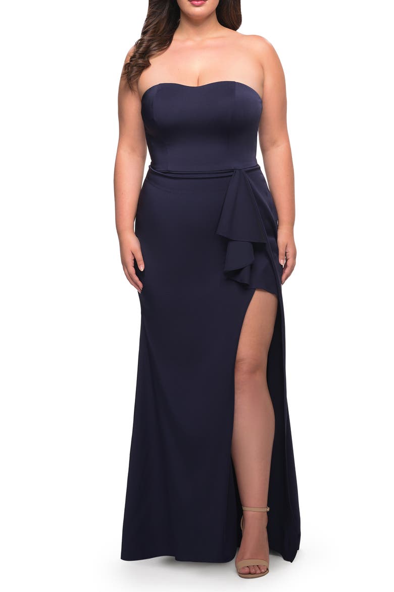 Strapless Plus Size Dress with Ruffle Slit Detail, Main, color, NAVY