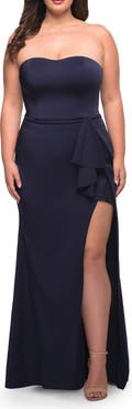 La Femme Strapless Plus Size Dress with Ruffle Slit Detail