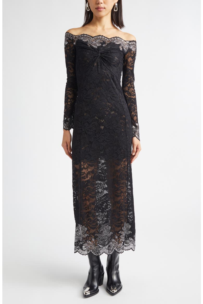 Twist Front Off the Shoulder Long Sleeve Lace Midi Dress, Main, color, BLACK
