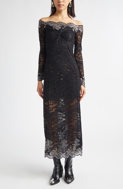 Twist Front Off the Shoulder Long Sleeve Lace Midi Dress