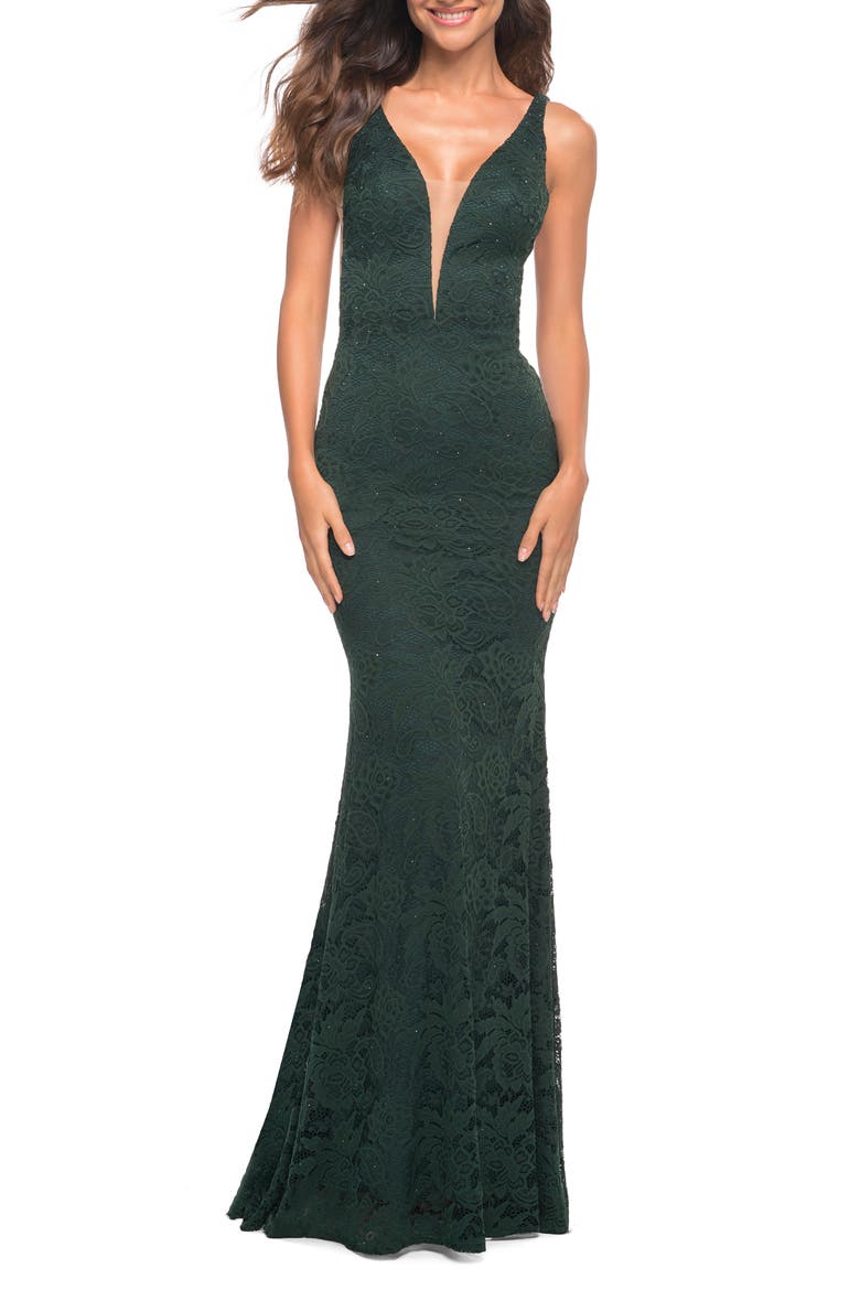Chic Stretch Lace Gown with Deep V Neckline, Main, color, Dark Emerald