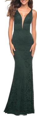 La Femme Chic Stretch Lace Gown with Deep V Neckline