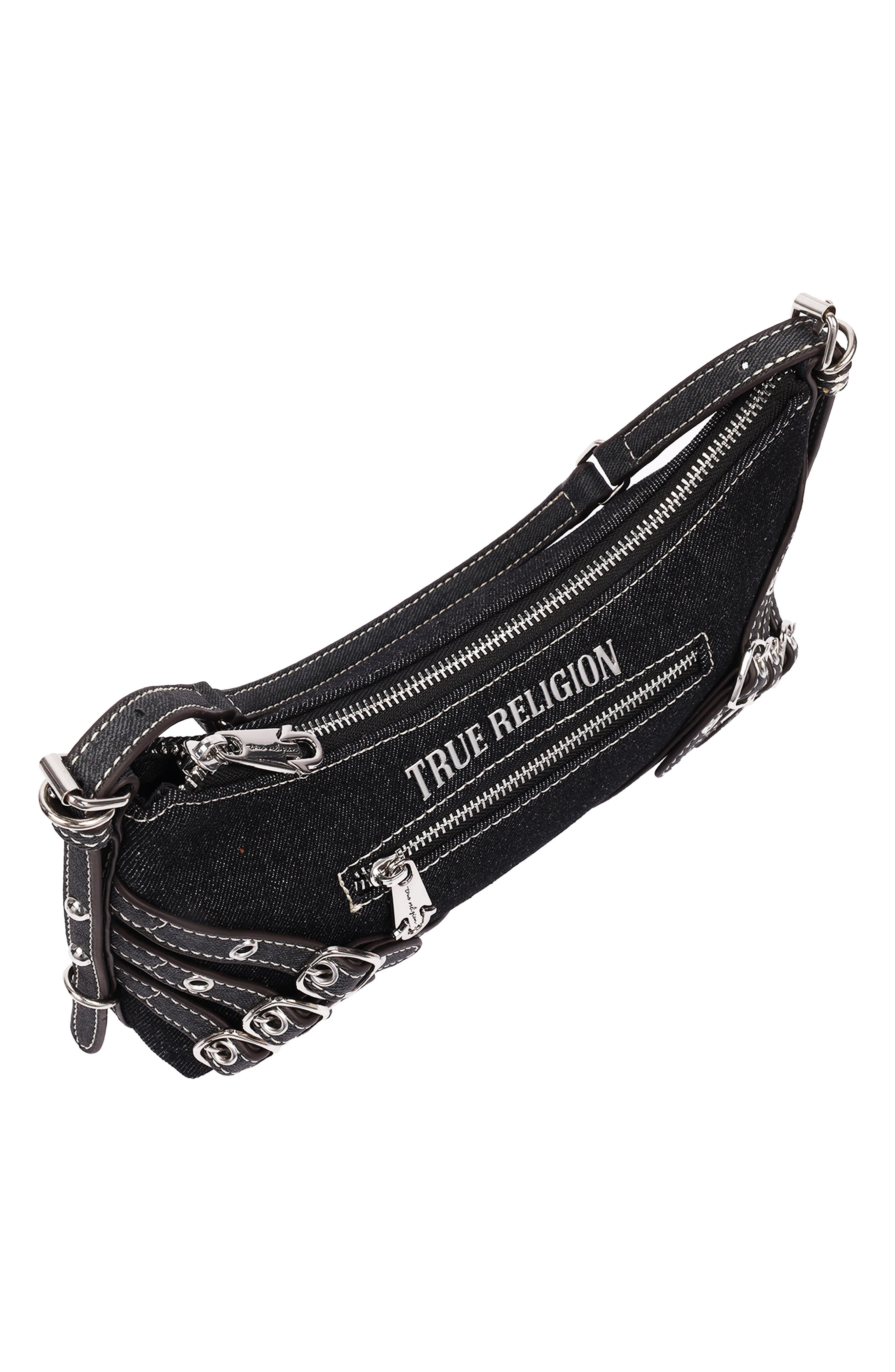 Triple Straps Denim Shoulder Bag, Alternate, color, BLACK