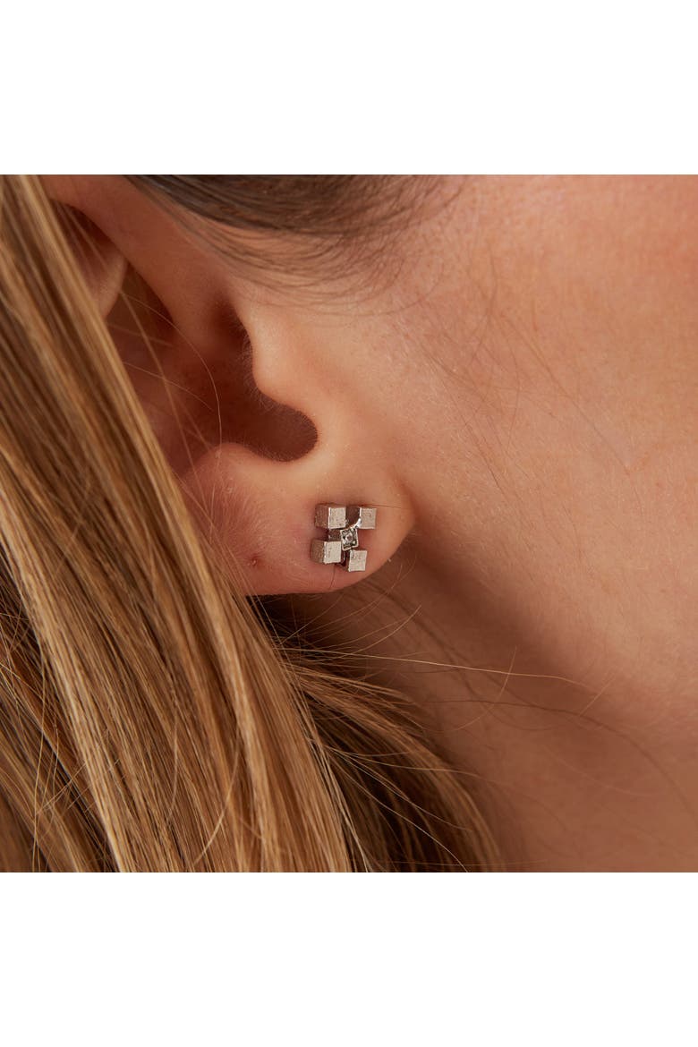 Four Cube Blocks Natural Textured Sterling Silver Authentic Stud Earrings, Alternate, color, Silver