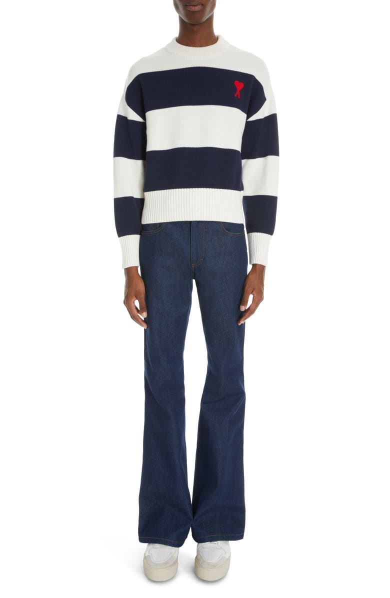 AMI PARIS Rugby Stripe Ami de Coeur Embroidered Organic Cotton & Wool Sweater, Alternate, color,