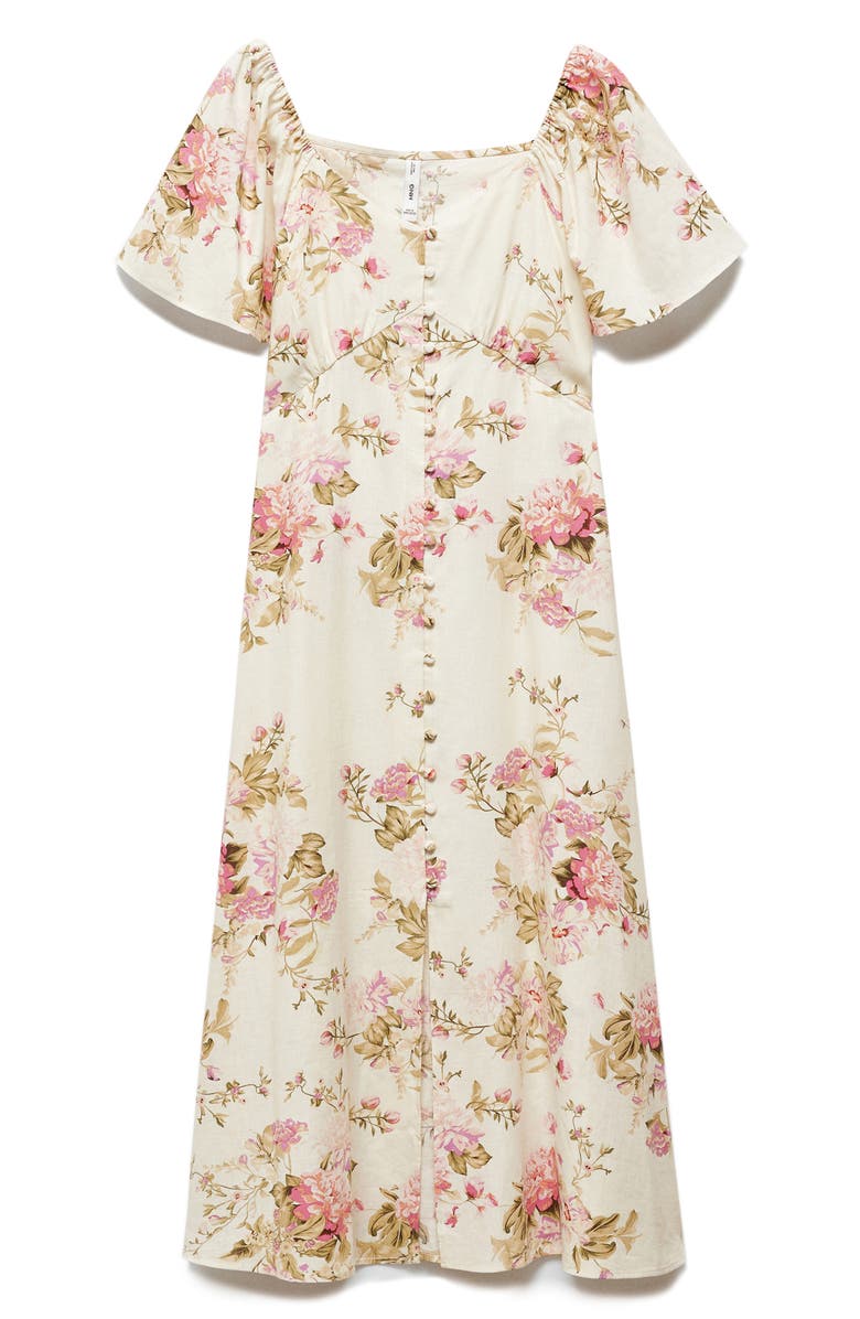 MANGO Floral Flutter Sleeve Linen Blend Midi Dress, Alternate, color, 