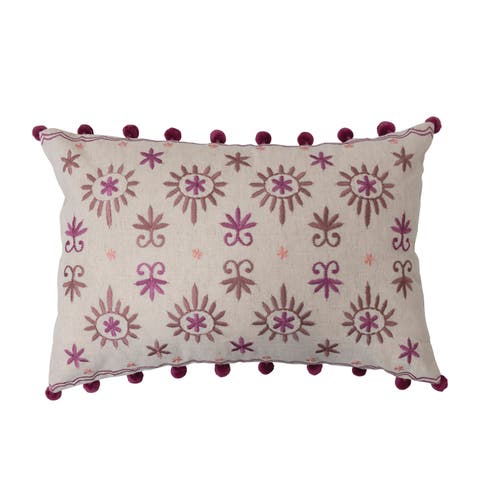 Cotton Linen Lumbar Pillow with Embroidery and Pom Poms
