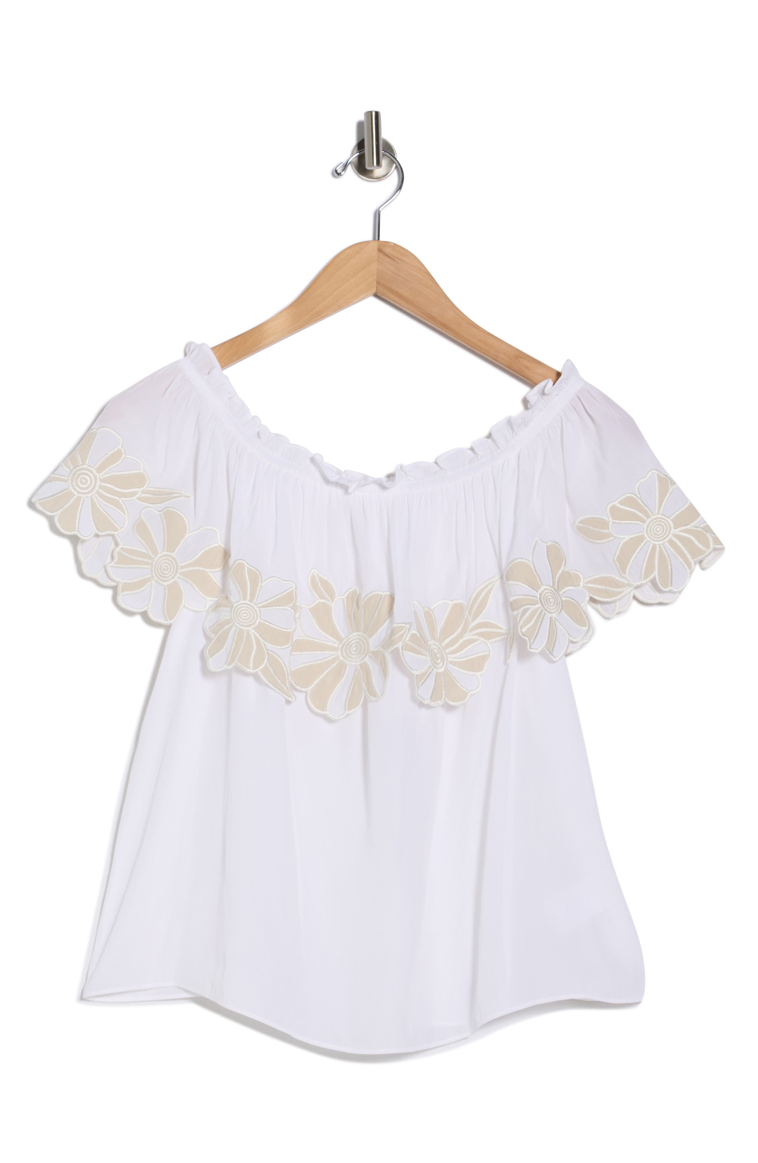 Ramy Brook Terri Embroidered Floral Ruffle Off the Shoulder Top