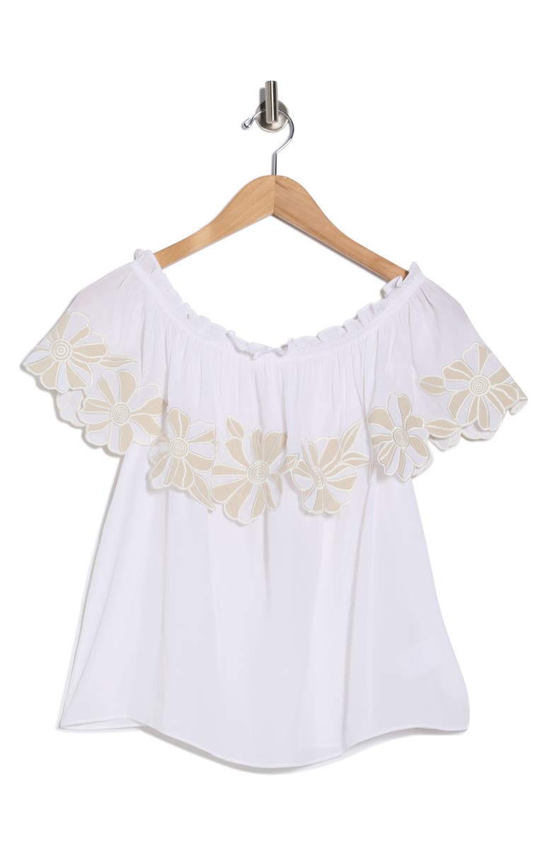 Ramy Brook Terri Embroidered Floral Ruffle Off the Shoulder Top, Alternate, color, Ivory