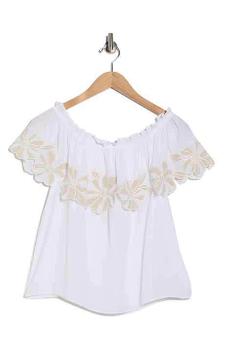 Ramy Brook Terri Embroidered Floral Ruffle Off the Shoulder Top