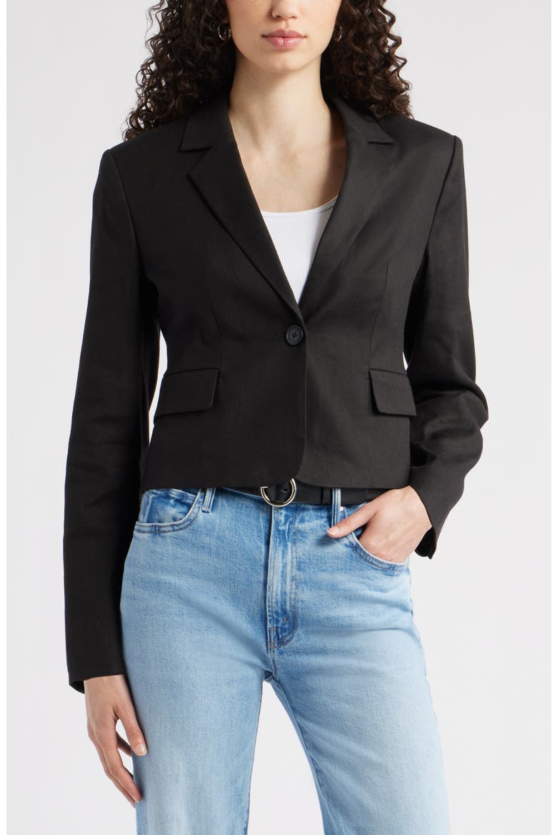 Crop One-Button Linen Blend Blazer, Alternate, color, BLACK