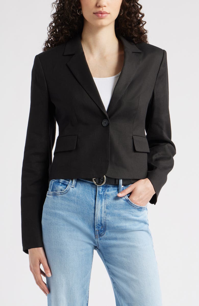 Nordstrom Crop One-Button Linen Blend Blazer, Alternate, color, Black